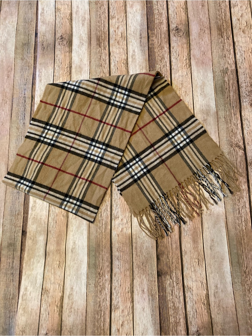 V. FRAAS Tan Plaid Fringe Scarf with Black and Red Accents
